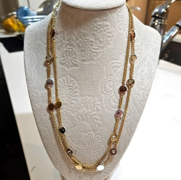 DKNY Tri Tone Crystal & Logo Disc 42" Statement Necklace - Picture 10 of 10